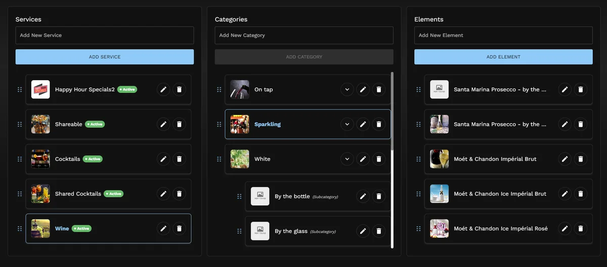 Restaurant menu management dashboard with categories and editing controls