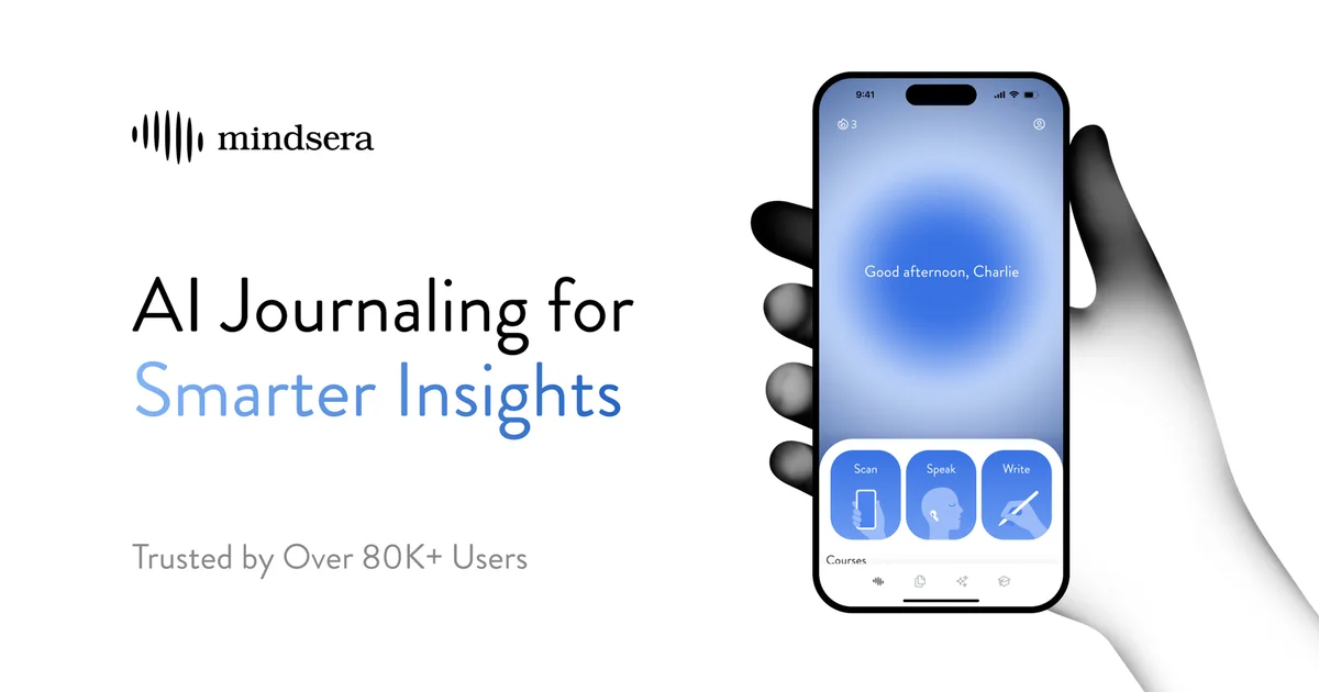 Mindsera AI journal with its mobile app preview